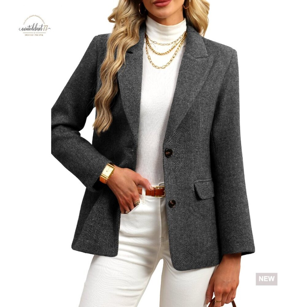 Wool Blend Tweed Blazer Oversized Fit Business Casual Herringbone